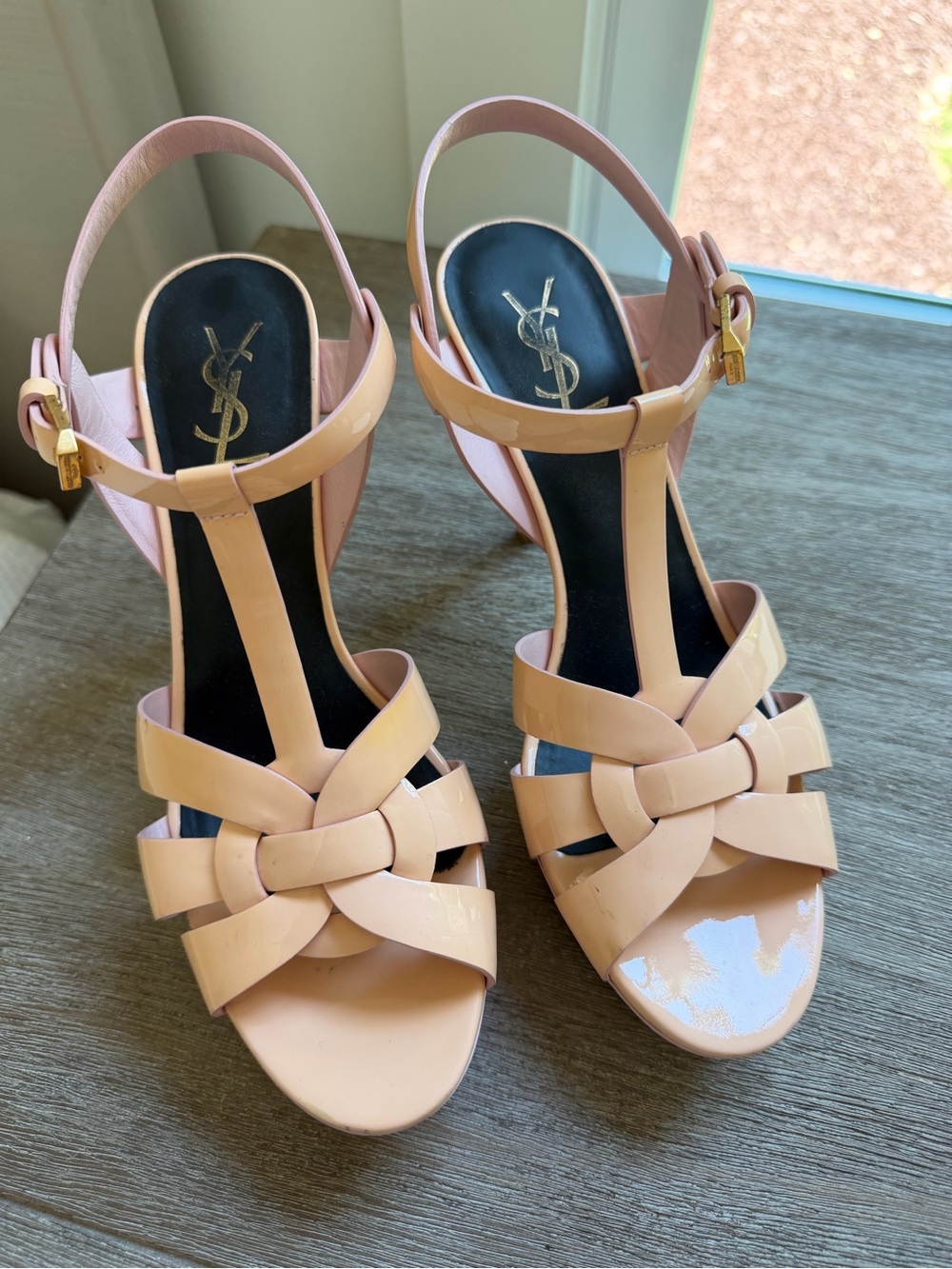 Saint Laurent Blush Patent Leather T-Strap Knot Sandals